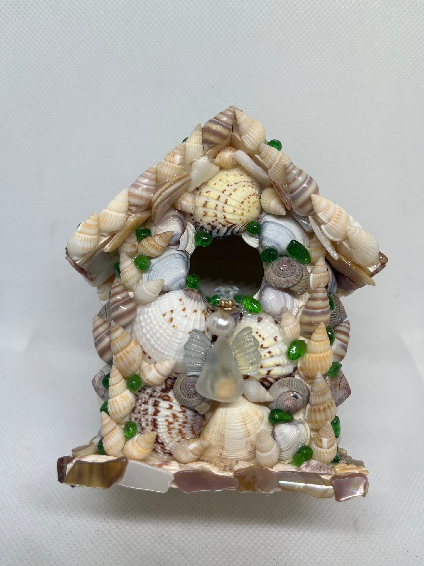 Handcrafted Magical Fairy Cottage – Real Seashell & Sea Glass Miniature House with Aquamarine, Cultured Pearl, & Blue Topaz Fairy Art