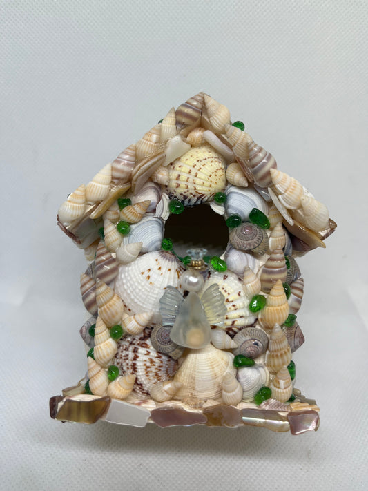 Handcrafted Magical Fairy Cottage – Real Seashell & Sea Glass Miniature House with Aquamarine, Cultured Pearl, & Blue Topaz Fairy Art