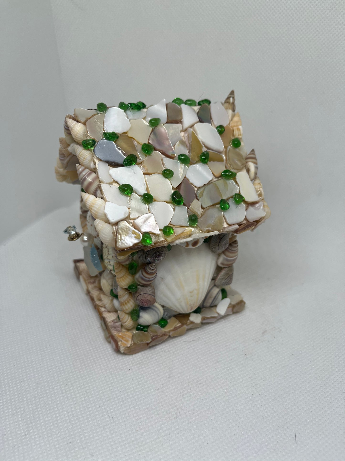 Handcrafted Magical Fairy Cottage – Real Seashell & Sea Glass Miniature House with Aquamarine, Cultured Pearl, & Blue Topaz Fairy Art