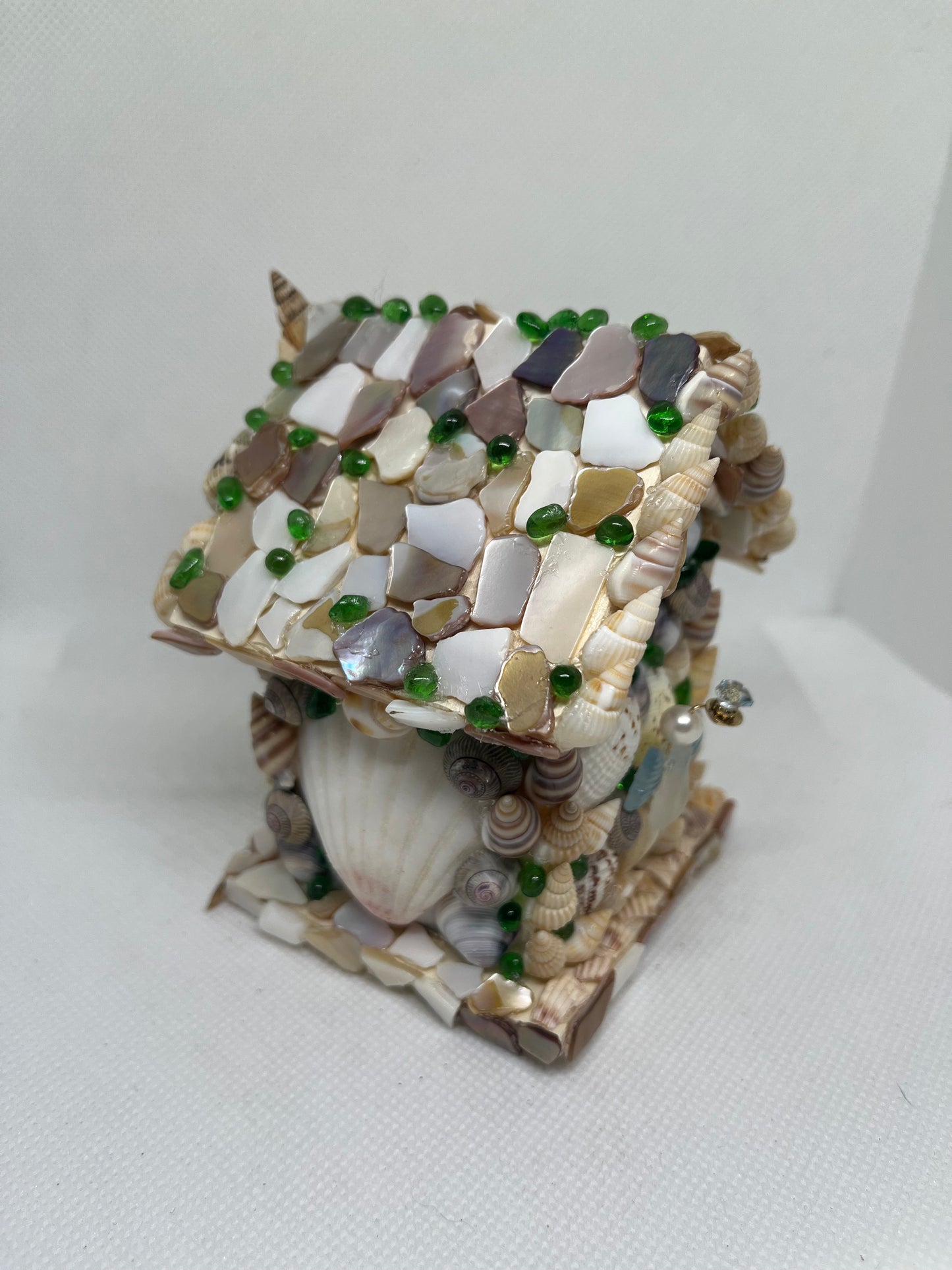 Handcrafted Magical Fairy Cottage – Real Seashell & Sea Glass Miniature House with Aquamarine, Cultured Pearl, & Blue Topaz Fairy Art
