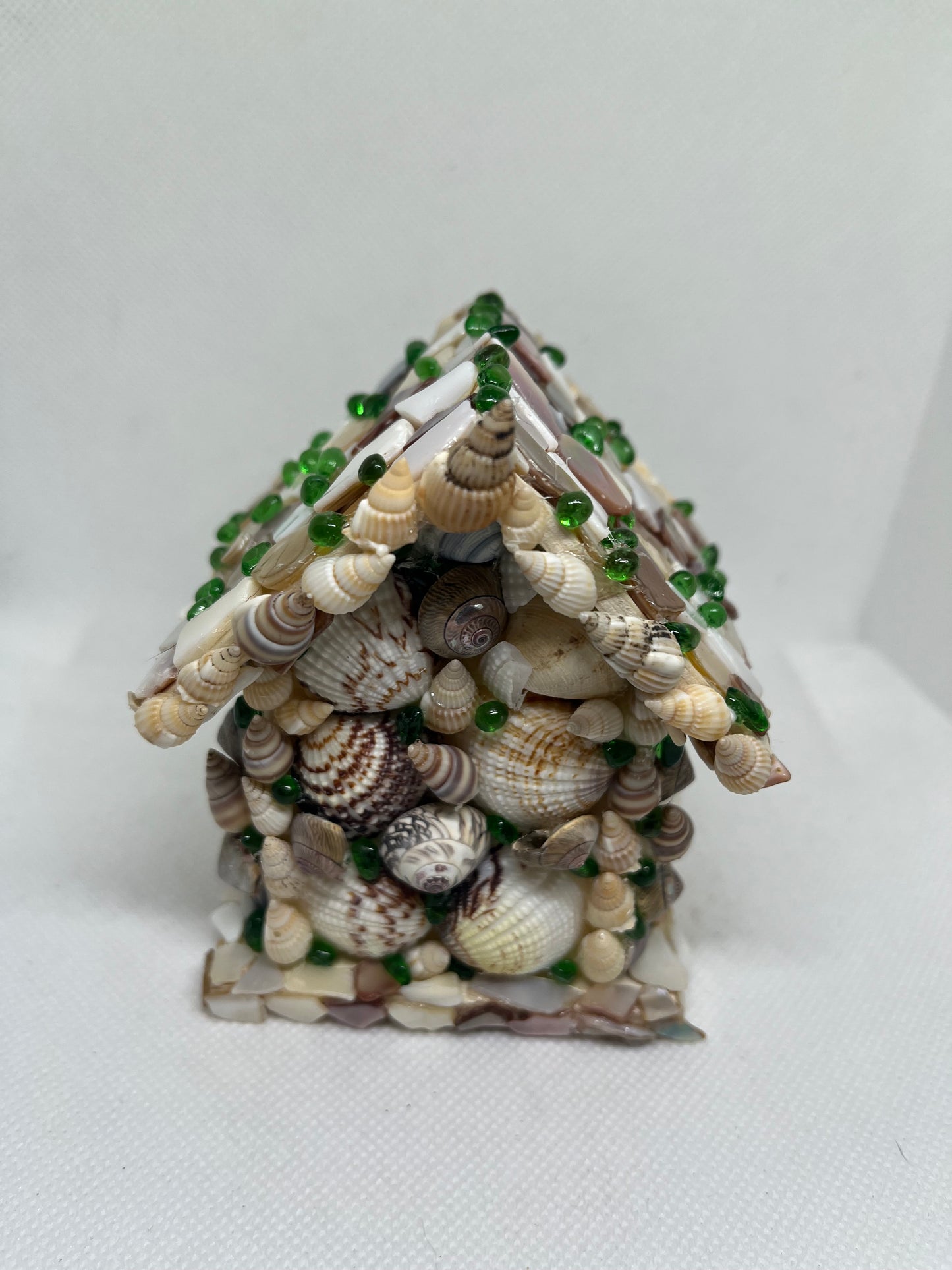 Handcrafted Magical Fairy Cottage – Real Seashell & Sea Glass Miniature House with Aquamarine, Cultured Pearl, & Blue Topaz Fairy Art