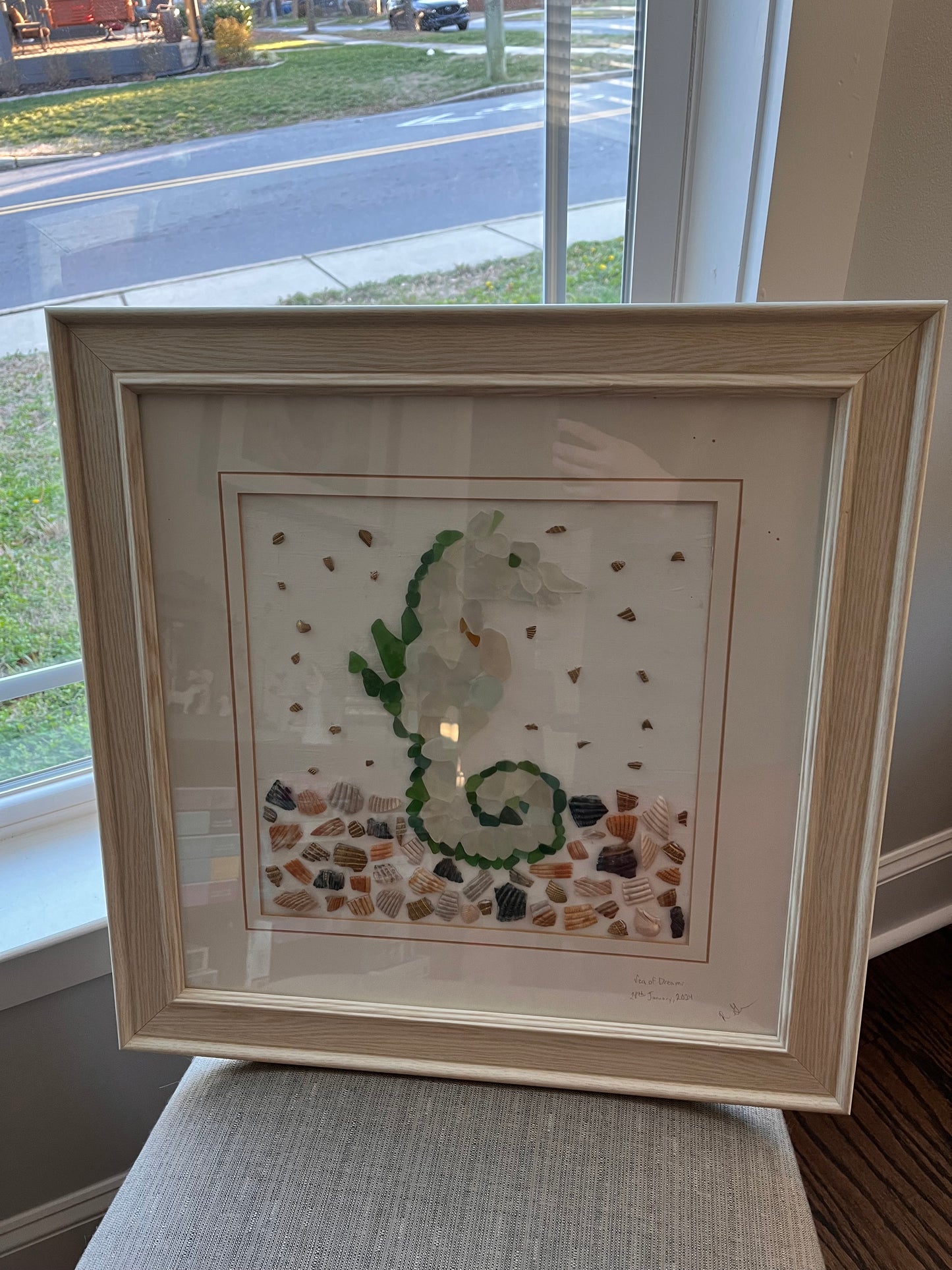 Sea of Dreams: Captivating Seascape of Sea Glass & Seashell Seahorse Art (16x16 frame)