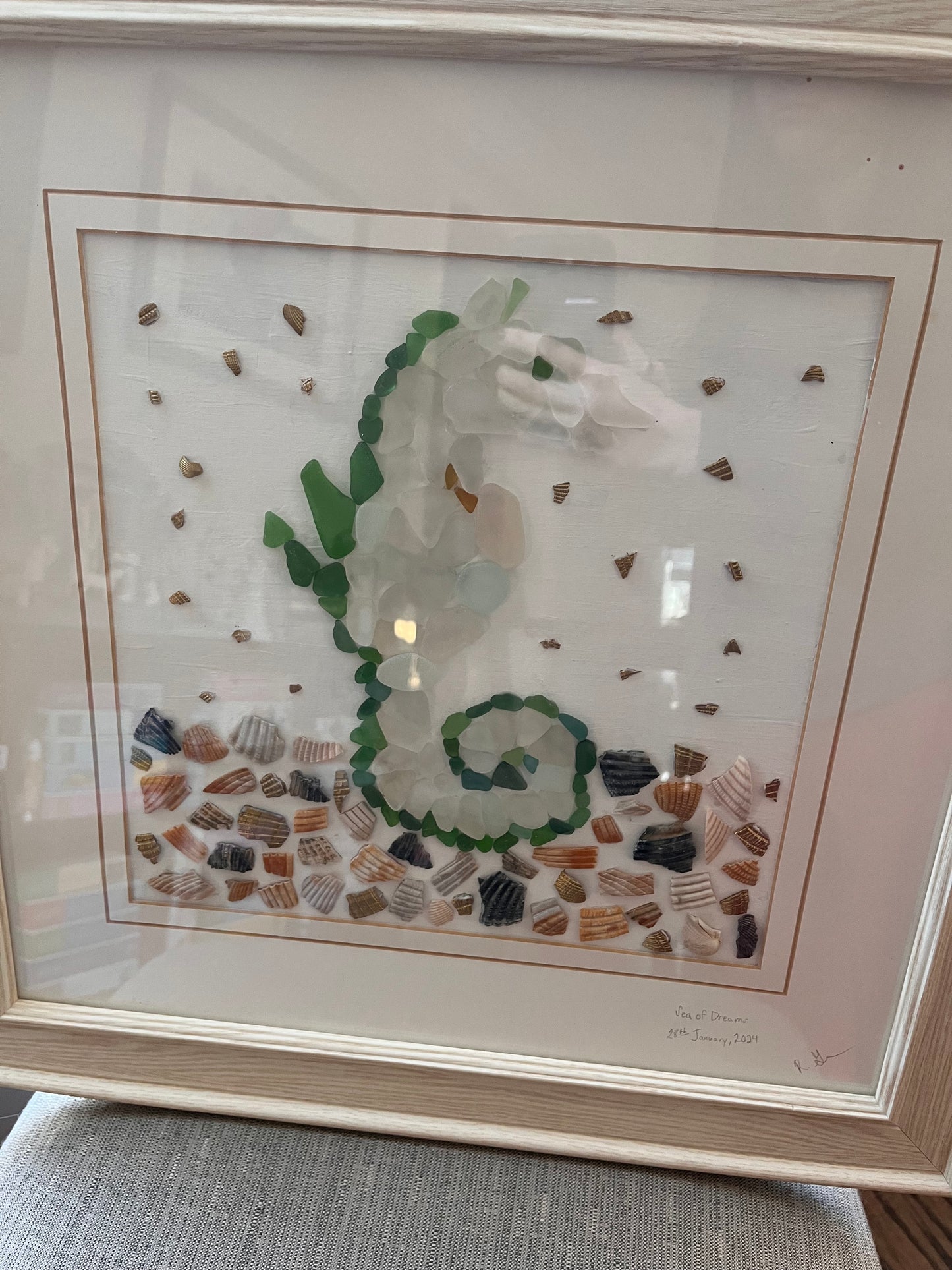 Sea of Dreams: Captivating Seascape of Sea Glass & Seashell Seahorse Art (16x16 frame)